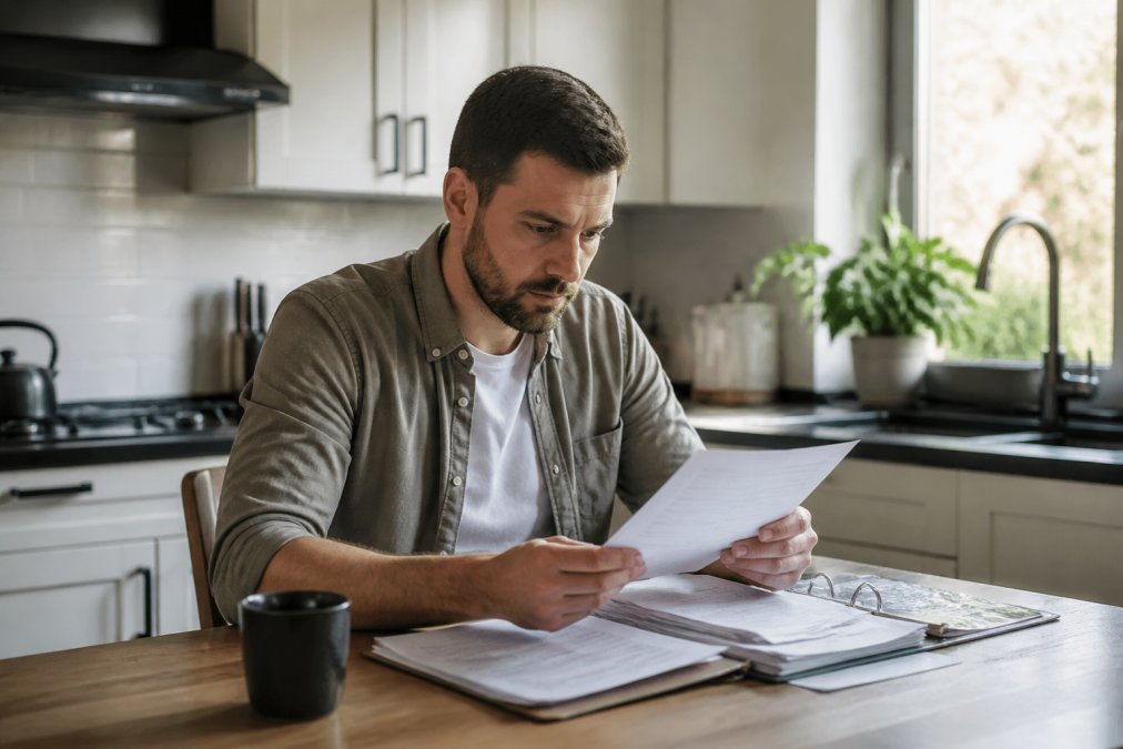 A person sitting at a kitchen table with paperwork and a laptop, looking focused and determined while reviewing financial documents in warm morning light