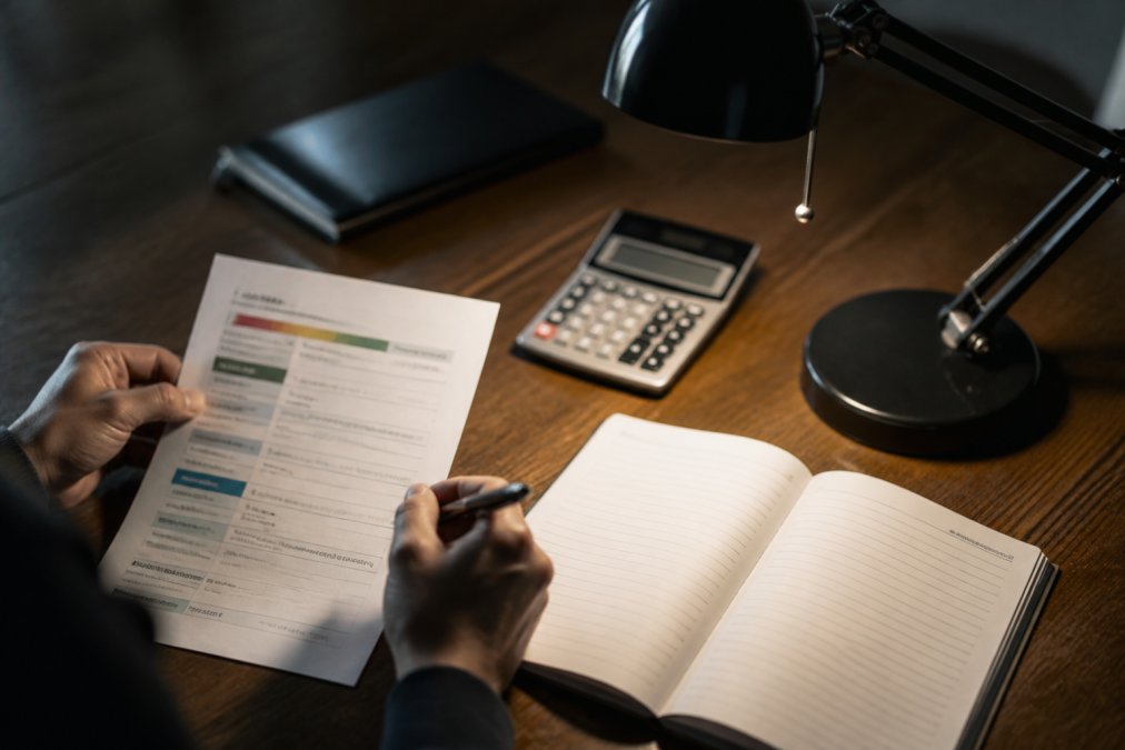 Close-up of hands holding a pen over a printed credit report with a notebook and calculator on the desk beside it, under focused desk lamp light
