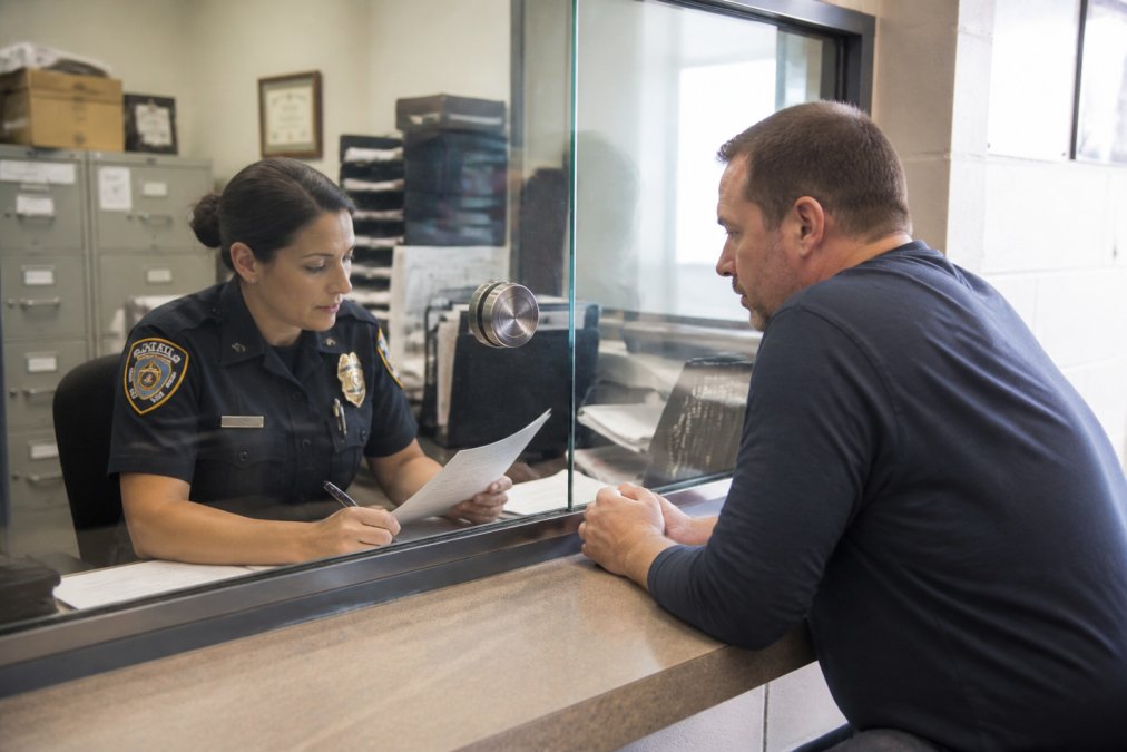 Person speaking to an officer at a police station window to request a police report without insurance.