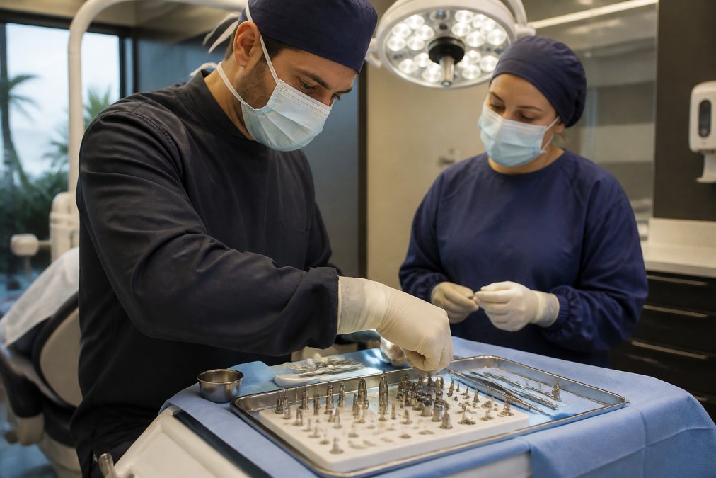 Dental professional in surgical attire arranging sterilized instruments and implant components on a tray in a modern operatory with overhead surgical lighting