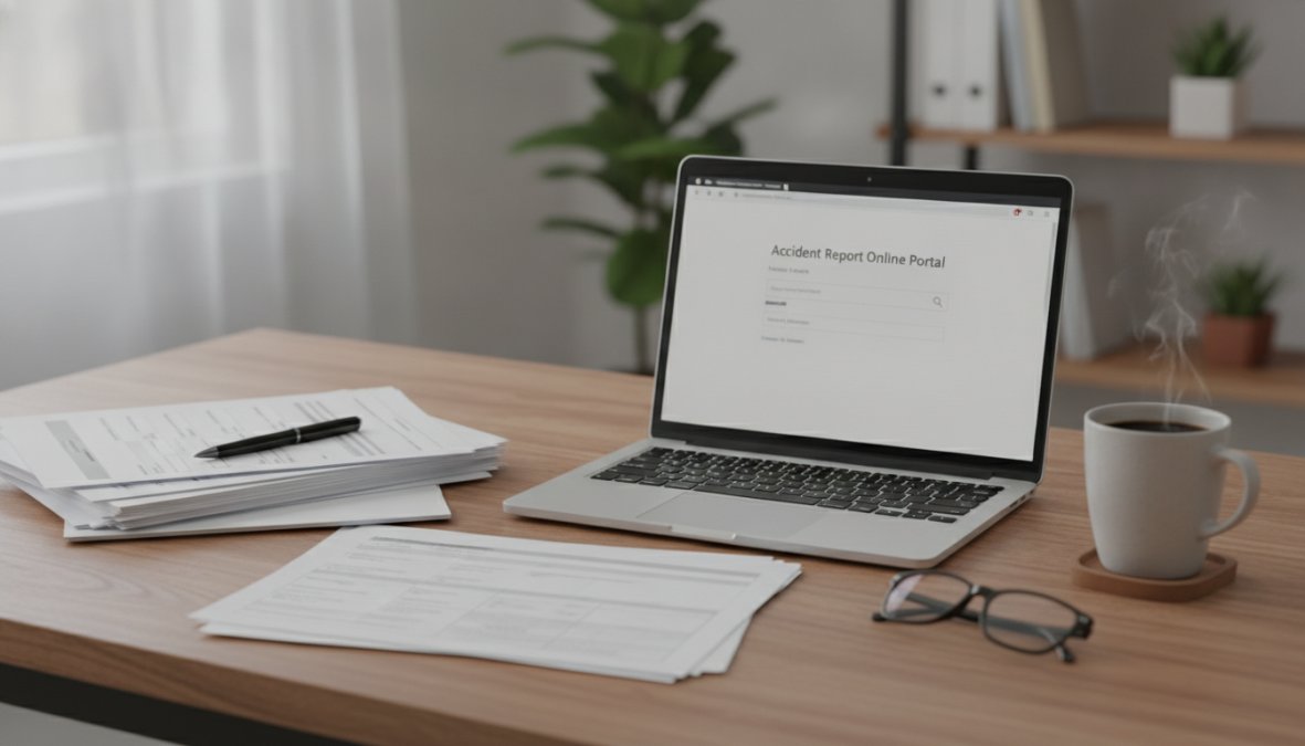 Step-by-step visual guide for person and sitting and desk concepts for accident report online