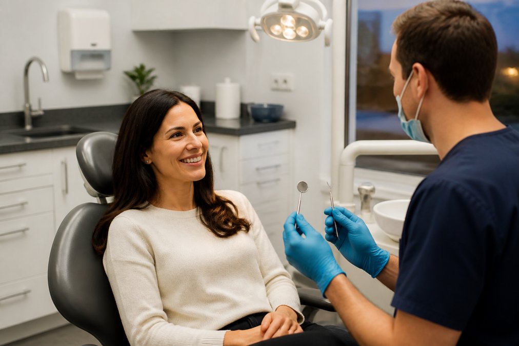 A relaxed adult patient sitting in a modern, well-lit dental chair, smiling and talking with a friendly dentist who is holding a mirror and probe