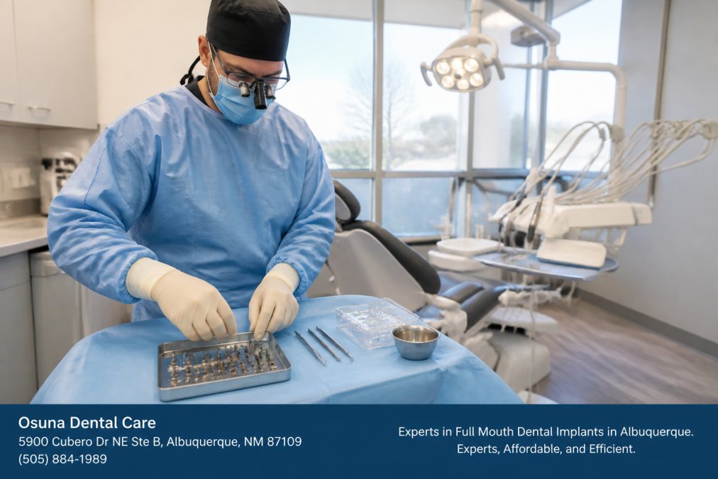 Dental professional in surgical attire preparing implant materials and sterile instruments on surgical tray in modern operatory with bright overhead lighting and advanced equipment visible
