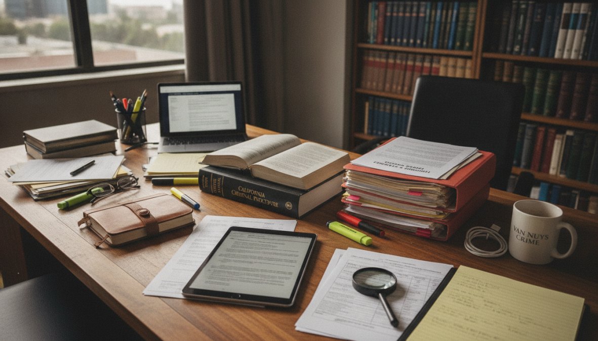 Criminal defense attorney reviewing case files and legal documents at a desk in a law office with natural lighting from large windows