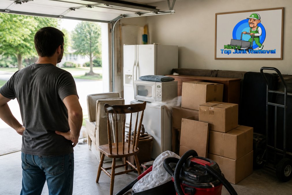 Homeowner standing in a cluttered garage surrounded by stacked boxes, old furniture, and appliances marked for removal, with natural light streaming through open garage door
