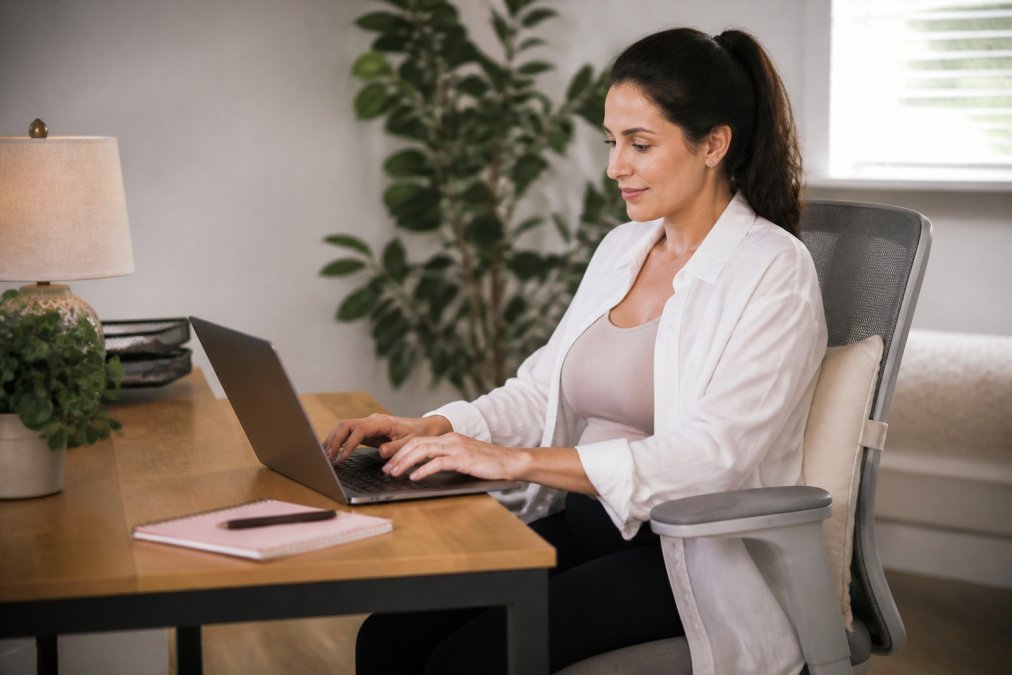 A woman in her 30s sitting comfortably at an ergonomic desk setup in a bright home office, wearing a compression garment under loose clothing, working on a laptop with a supportive cushion behind her back