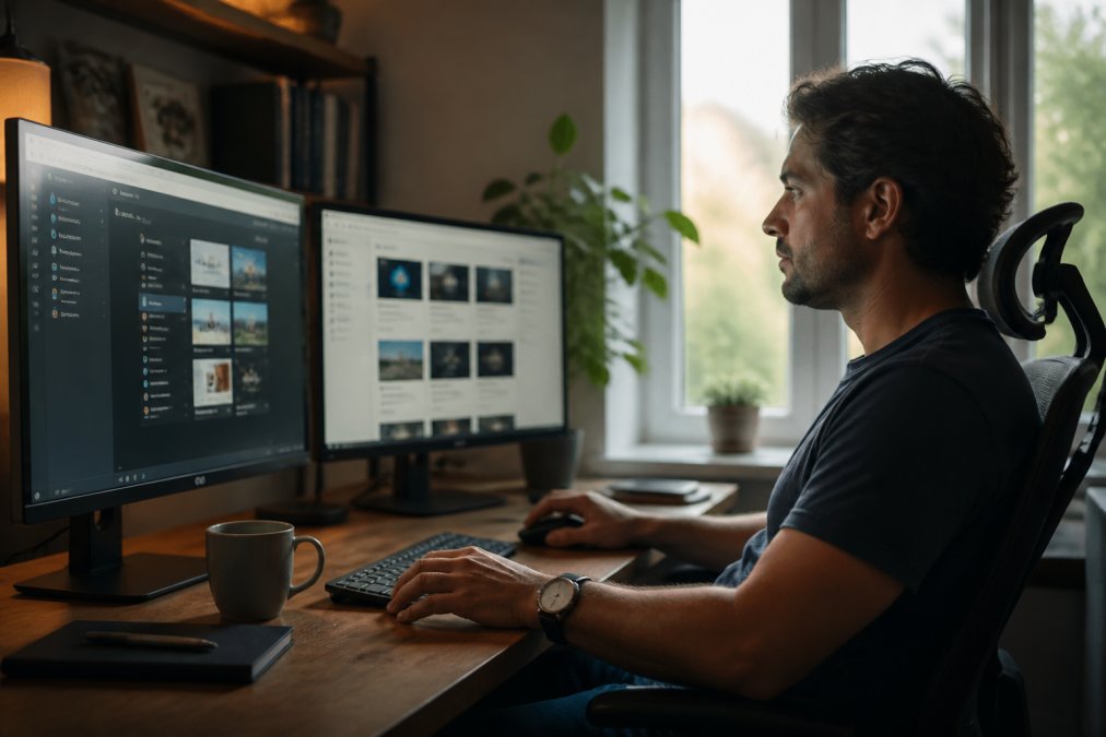Can I Host Multiple Client Websites? A 2026 Guide A freelance web designer working at a clean desk with two monitors showing website dashboards, a coffee mug nearby, and soft natural light from a window