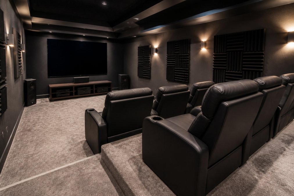 A finished home theater room with a large wall-mounted display, comfortable seating arranged in stadium-style rows for optimal viewing angles, soft ambient lighting from wall sconces, and acoustic foam panels mounted on the walls