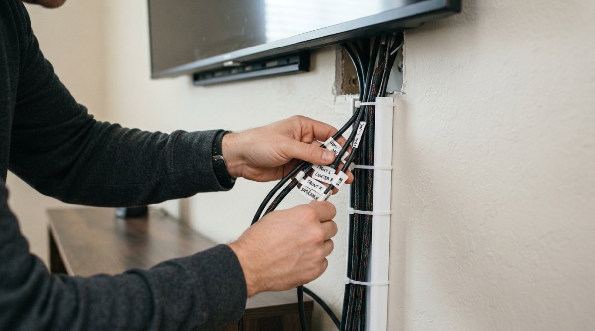 Close-up of hands installing speaker wires and HDMI cables behind a wall-mounted display, showing proper cable routing through white conduit, organized cable ties, and clear labeling on each wire