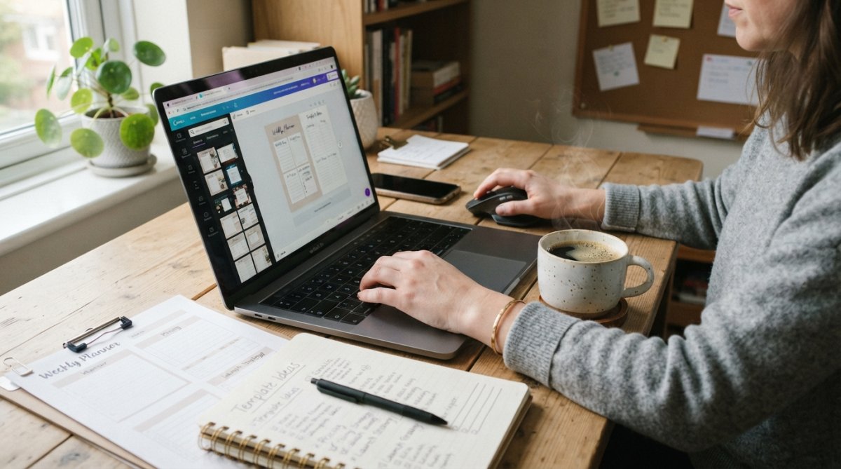Person at laptop with Canva open, designing a colorful template with coffee and notebook on desk, natural window lighting