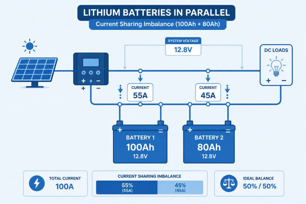 Circuit diagram showing parallel lithium battery connections with voltage and current flow labels, highlighting current sharing imbalance between 100Ah and 80Ah batteries in parallel configuration
