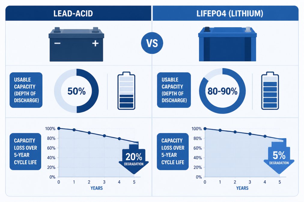 Comparison chart showing depth of discharge differences: lead-acid 50% usable capacity vs LiFePO4 80-90% usable capacity, with capacity loss curves over 5-year cycle life showing 20% degradation for lead-acid vs 5% for LiFePO4