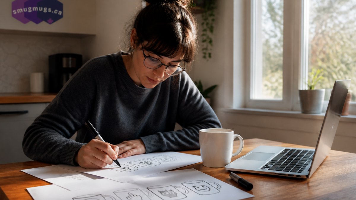 A person at a kitchen table sketching mug design ideas on paper next to an open laptop, a plain white ceramic mug and a black marker on the table, warm afternoon light through a window