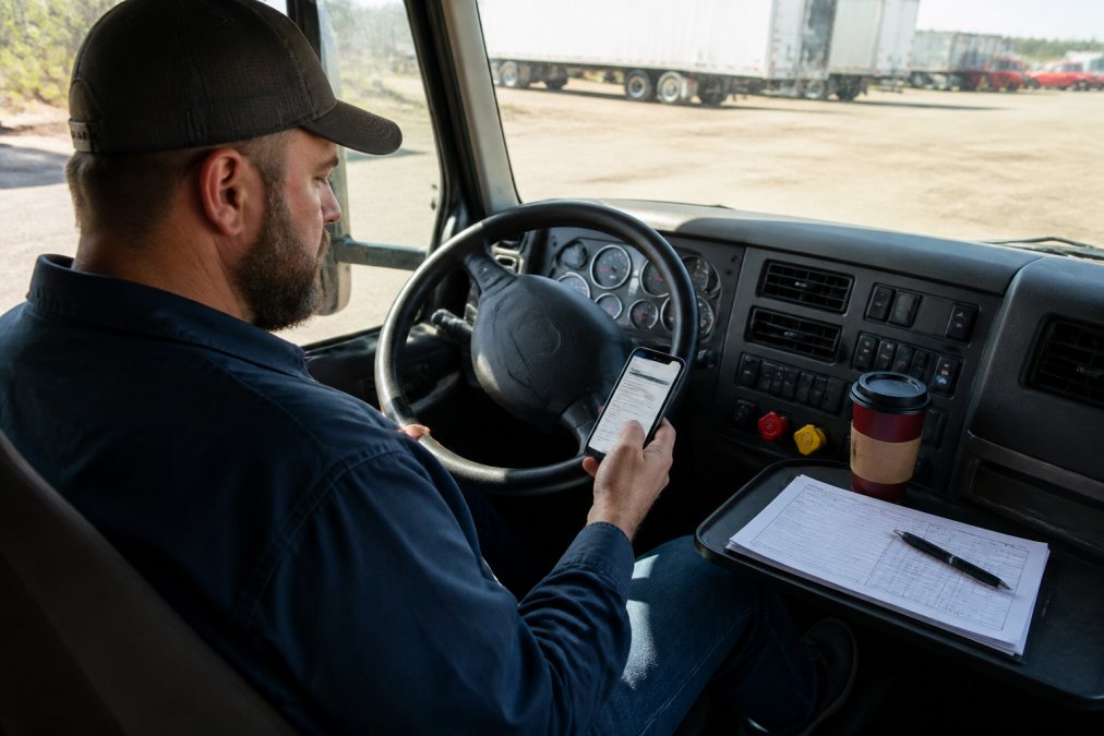 CDL driver reviewing a test confirmation on his phone while wondering can i order my own rtd test in his truck cab