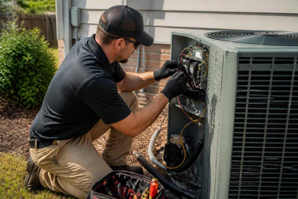 A licensed electrician in work clothes kneeling beside an outdoor central air conditioning unit, installing a soft start kit with wiring and hand tools visible, residential backyard setting in daylight