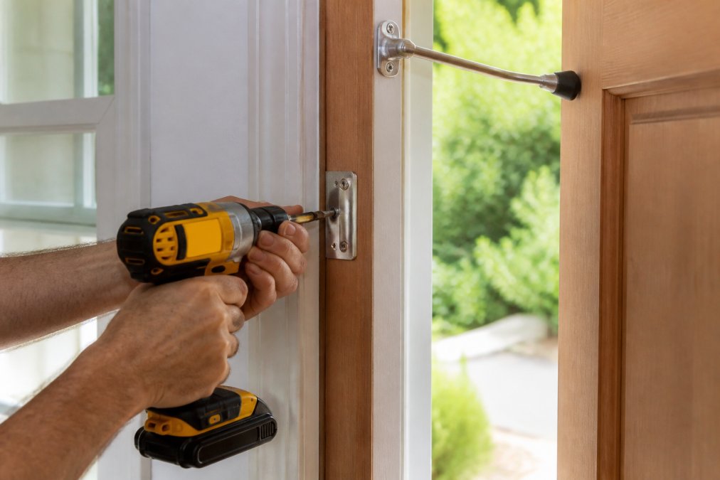 Close-up of a person's hands using a cordless screwdriver to remove a screw from a galvanized steel security bracket mounted on a wooden door frame, with a door stopper holding the door open and natural daylight from a nearby window