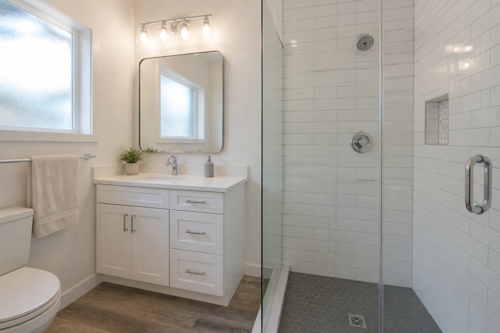 A bright, clean bathroom with a new white vanity, modern chrome faucet, and freshly tiled shower surround, soft daylight from a frosted window
