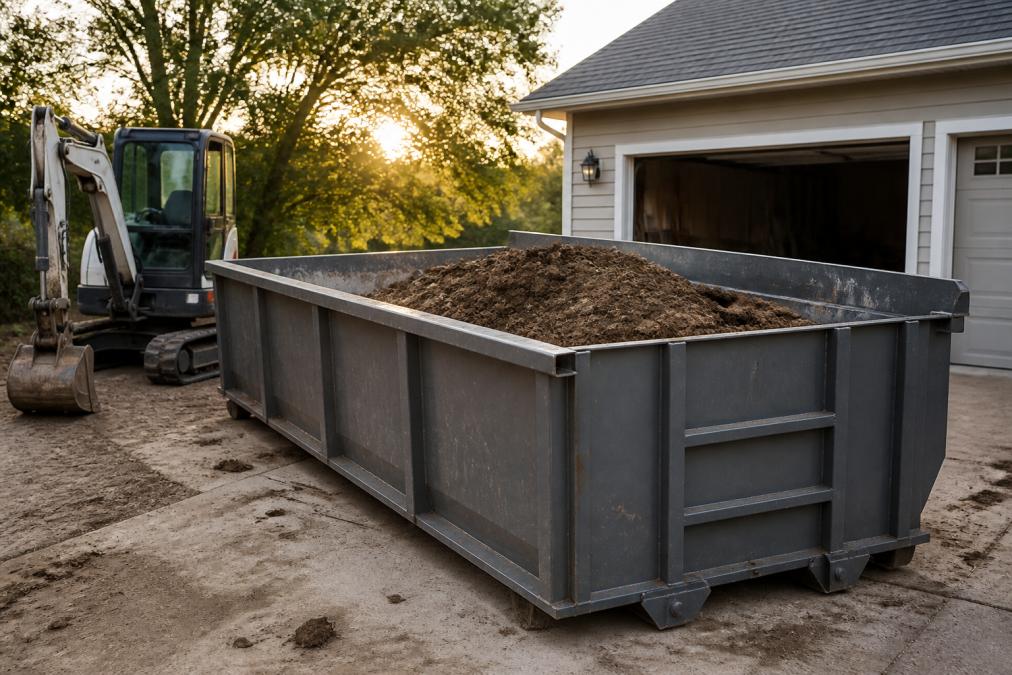 A roll-off dumpster partially filled with excavated dirt and soil sitting on a residential driveway, with a small excavator nearby in late afternoon light