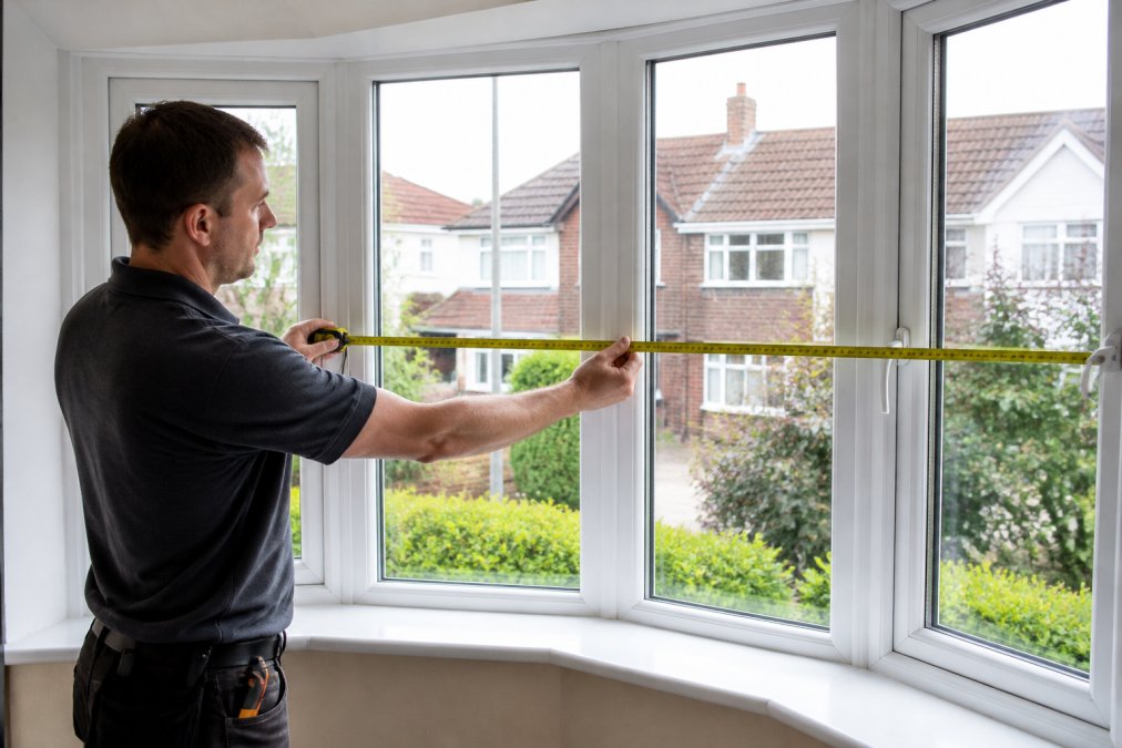 Professional demonstrating how to measure windows for custom blinds with measuring tape against a bay window, showing correct technique and placement