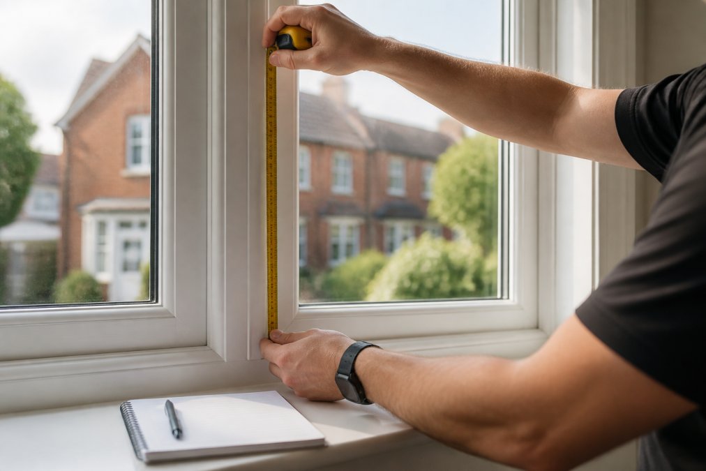 Hands holding a measuring tape against a window frame, showing the correct placement and technique for measuring width and drop, with a notebook recording measurements beside the window