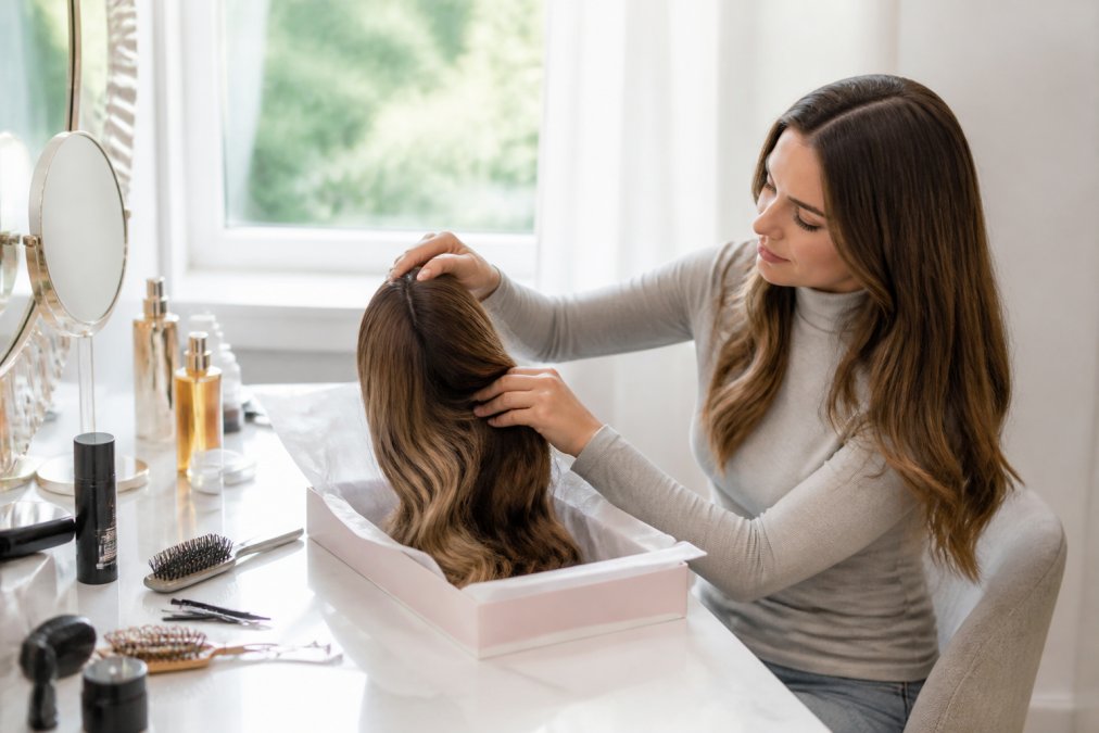 A woman carefully placing a premium human hair wig into its box at a bright, tidy dressing table, with soft natural light coming from a nearby window