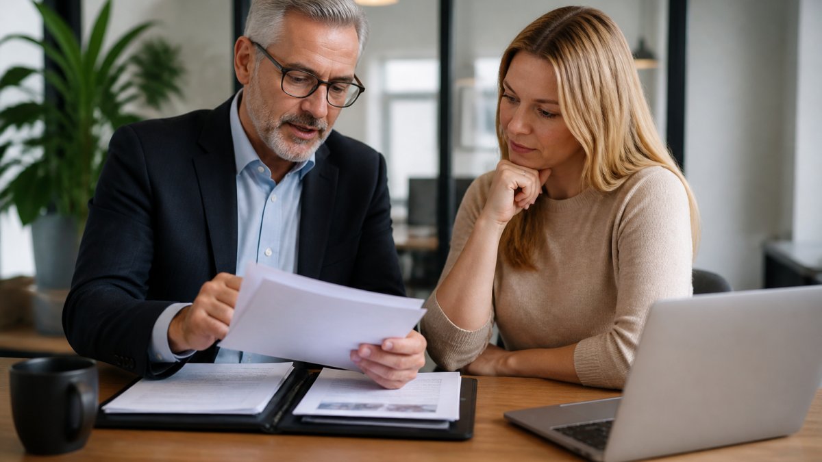 Financial advisor and client reviewing 401k rollover IRA documents at a desk