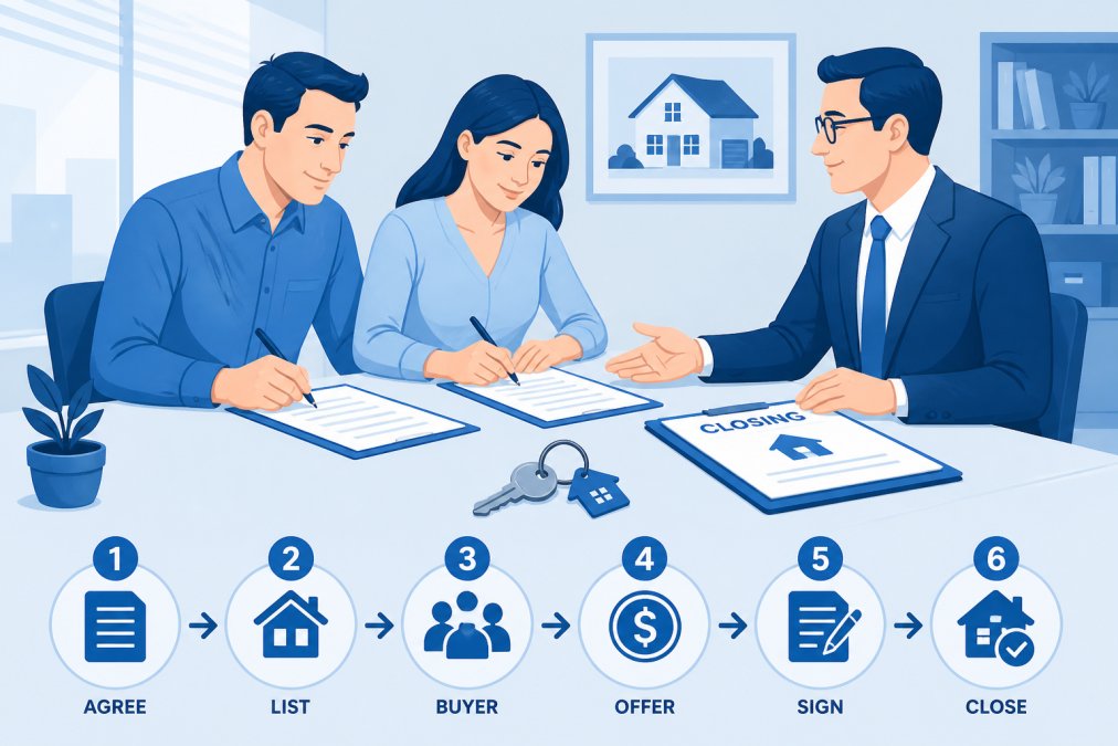 Two adults sitting across a table from a real estate professional in a well-lit office, reviewing and signing documents together, with a house key and closing paperwork visible on the desk