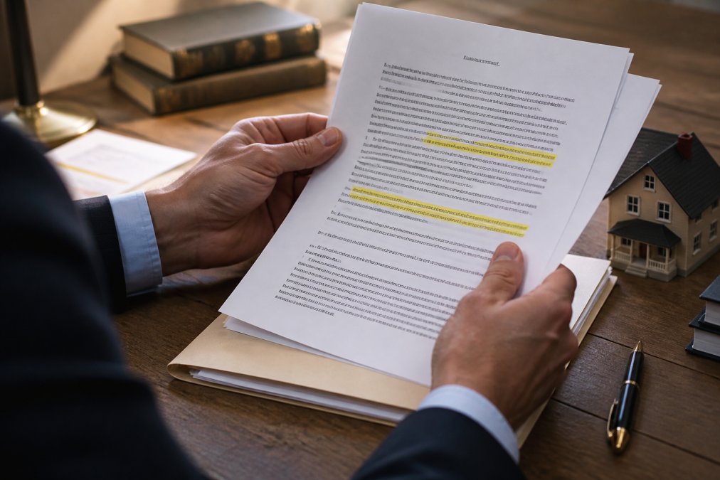 Close-up of a person's hands holding a printed legal document with highlighted text at a wooden desk, with a pen and small house figurine visible nearby in warm office lighting