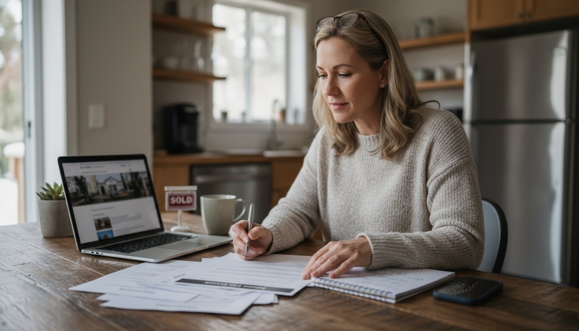 A homeowner sitting at a kitchen table reviewing mortgage and foreclosure documents with a calm, focused expression, a phone and handwritten notepad nearby, warm natural light coming through a window