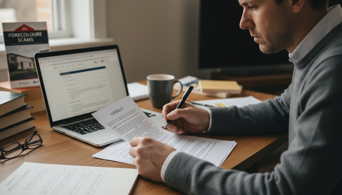A person carefully reading a contract document at a desk, looking cautious and attentive, a pen in hand and a laptop open nearby in a well-lit home office setting