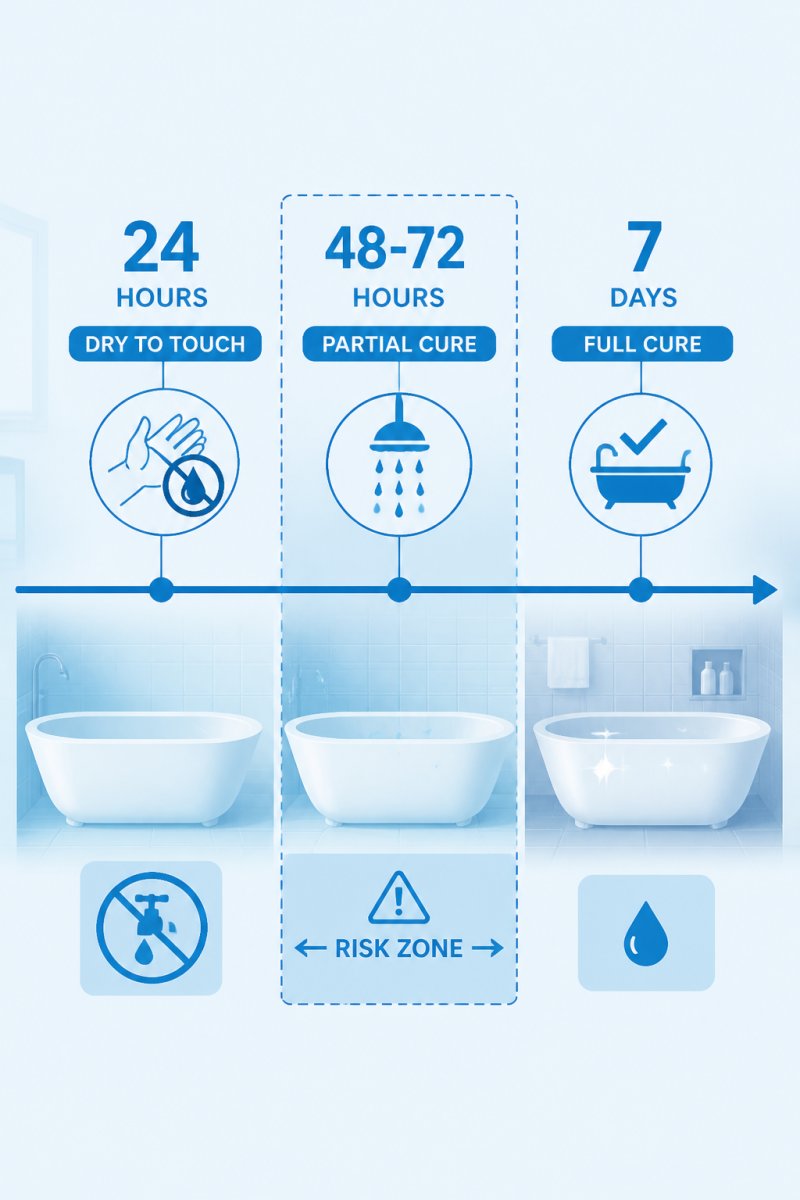 Timeline showing cure stages: 24 hours dry to touch with no water contact, 48-72 hours partial cure with light water exposure, 7 days full cure with normal use, highlighting the risk zone between 24 and 72 hours