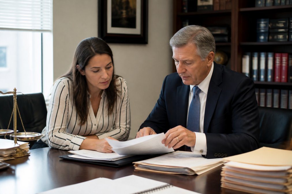 Lawyer and client reviewing legal documents and case files at desk in professional office setting