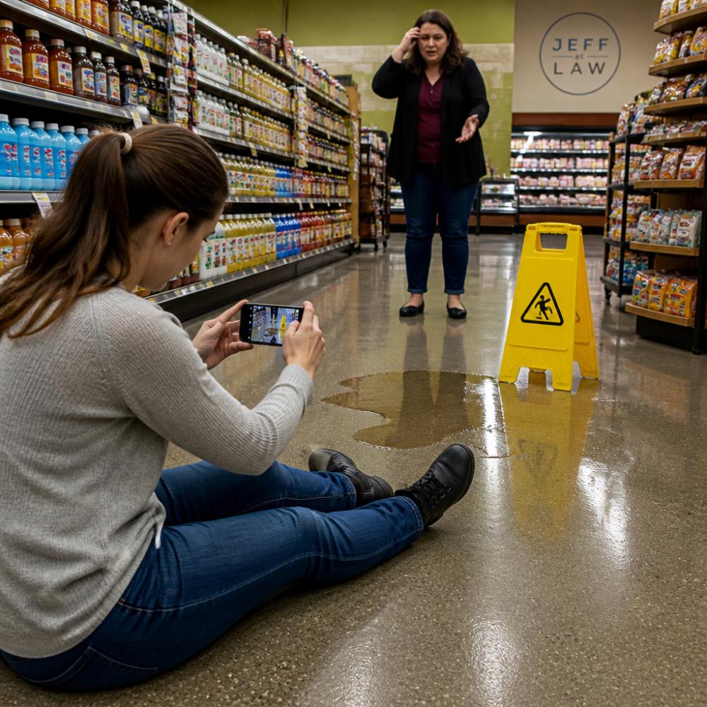 A person sitting on the floor of a grocery store aisle, holding a smartphone to photograph a wet floor sign and spilled liquid, with a concerned bystander nearby