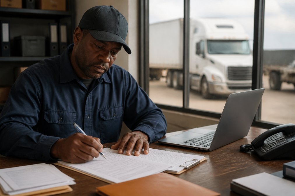 Truck driver reviewing transfer paperwork on a laptop to switch SAP providers efficiently