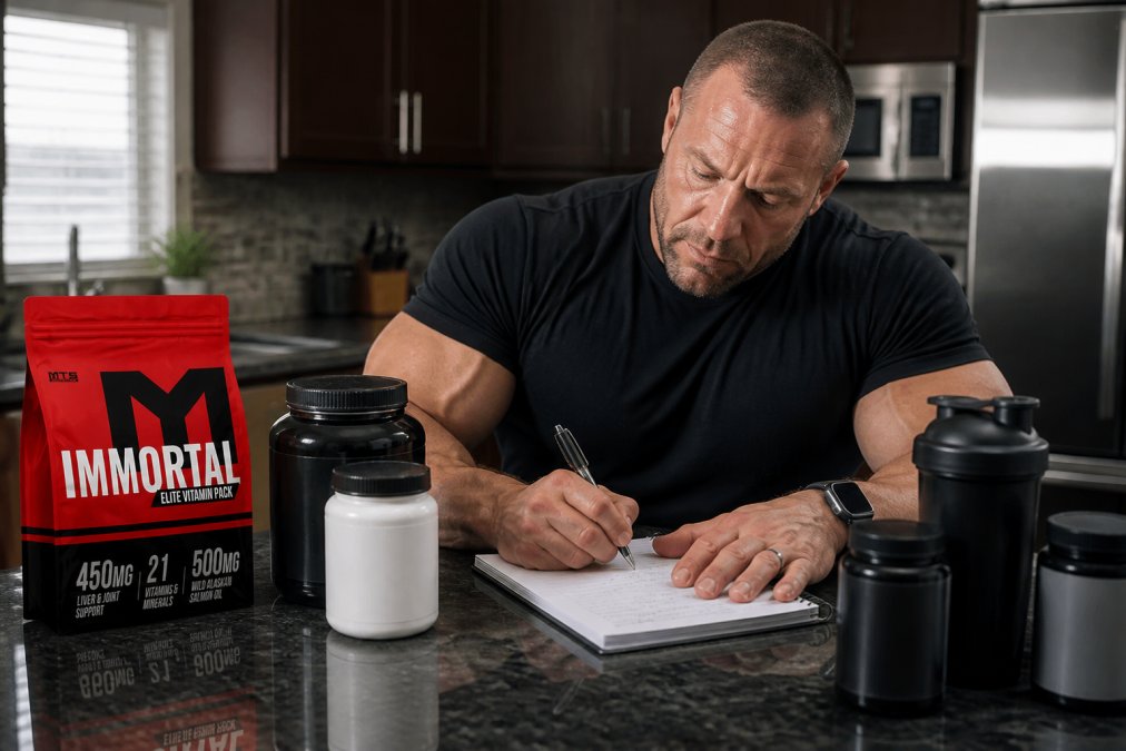 Athlete or fitness enthusiast organizing multiple supplement bottles and containers on a clean countertop, with a notebook and pen for tracking timing and dosage