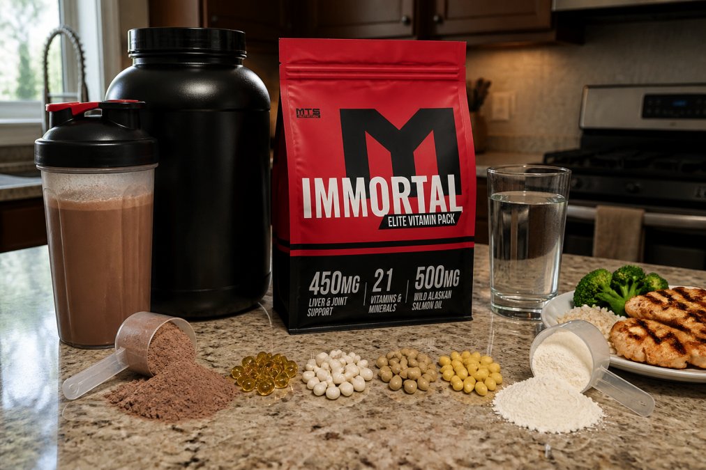 Close-up of a carefully arranged supplement stack laid out by category (protein powder, capsules, powders) with water and food nearby, showing a structured daily routine
