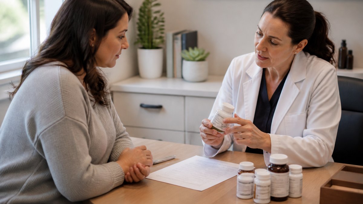 Healthcare provider and patient discussing supplement bottles and medical records in a clinical office