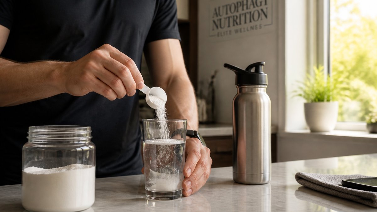 Hands stirring electrolyte powder into a glass of water on a sunlit kitchen counter