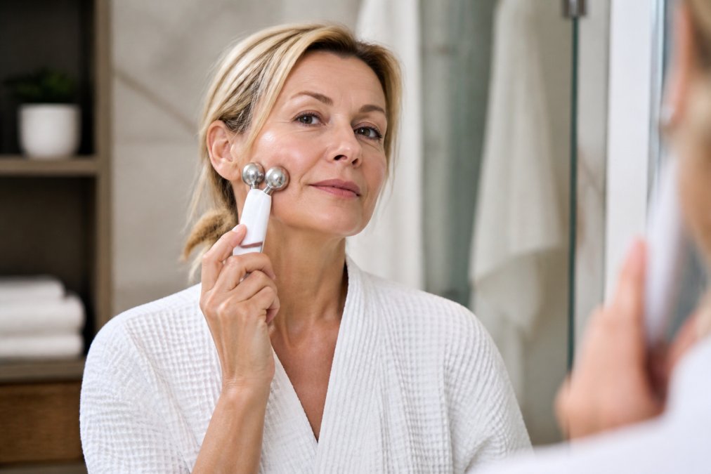 Woman in her 50s using a microcurrent facial device on her cheek in a well-lit bathroom, showing proper probe placement and technique