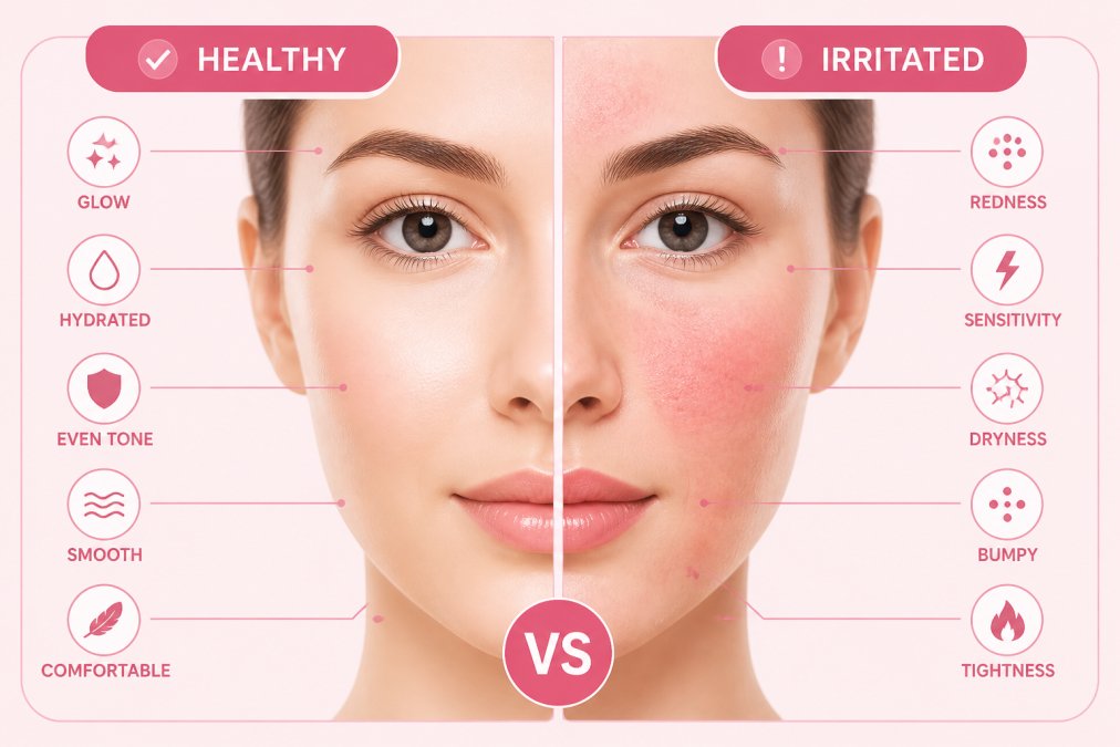 Close-up of a woman's face showing healthy, glowing skin versus a comparison area with visible redness or irritation from overuse