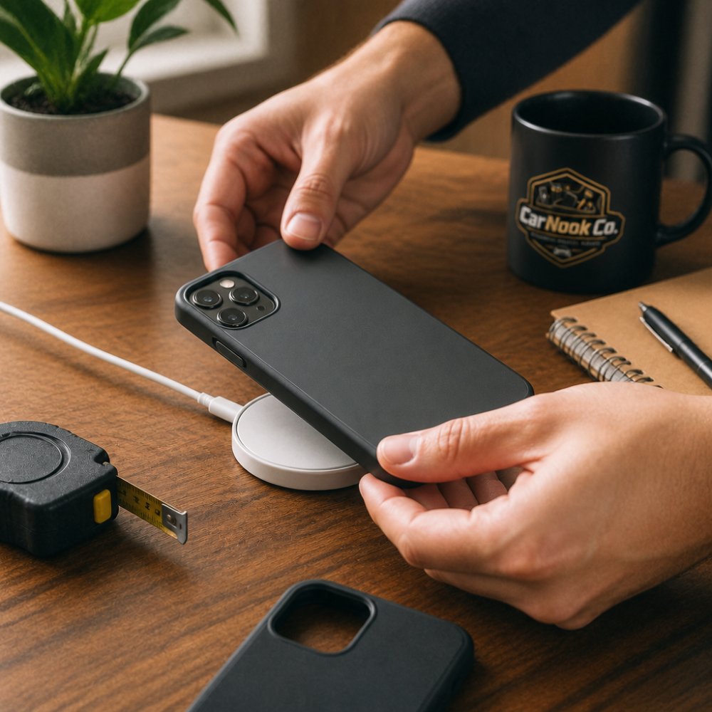 Hands placing a smartphone in a slim magsafe existing case onto a wireless charging pad on a wooden desk.