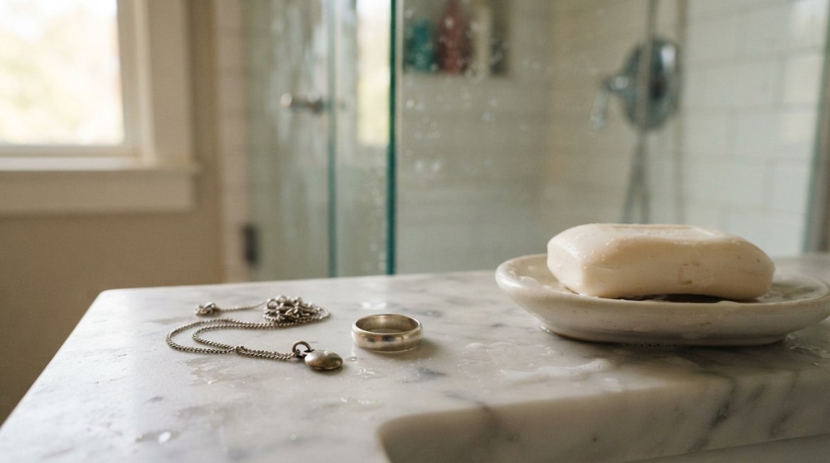 A close-up of a silver necklace and ring resting on a white bathroom counter beside a bar of soap, with a shower softly blurred in the background, warm natural light from a window