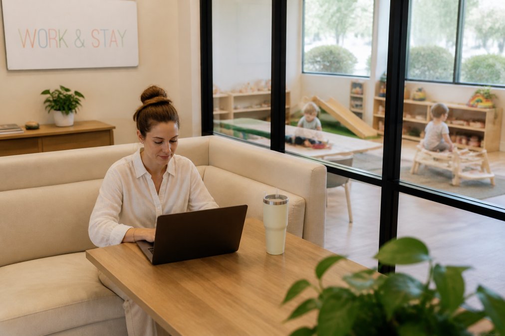 Parent working at laptop in bright, quiet coworking lounge with glass partition showing supervised children playing safely in adjacent room with age-appropriate equipment and natural lighting