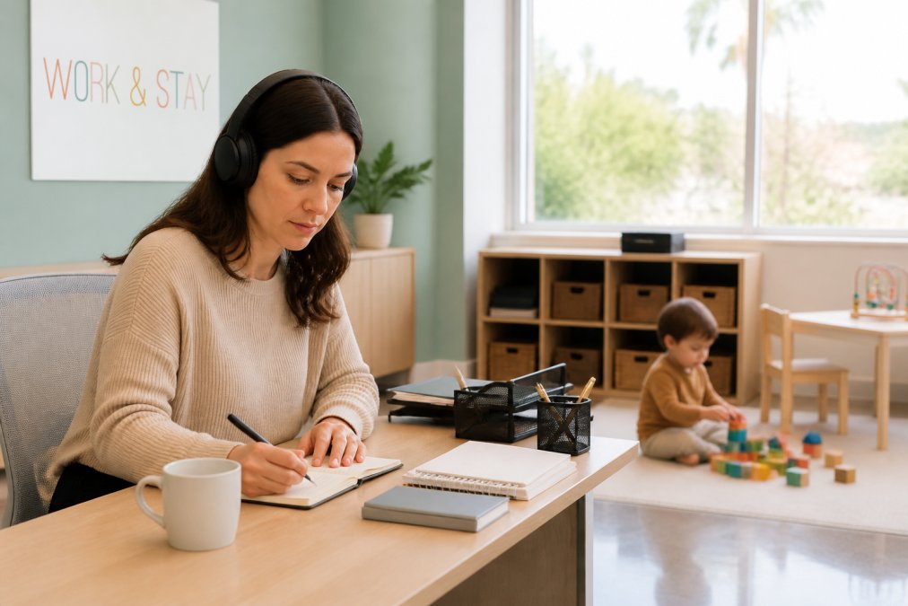Remote-working parent at home desk wearing noise-canceling headphones with coffee and organized workspace while toddler engages in independent play with blocks nearby in natural morning light