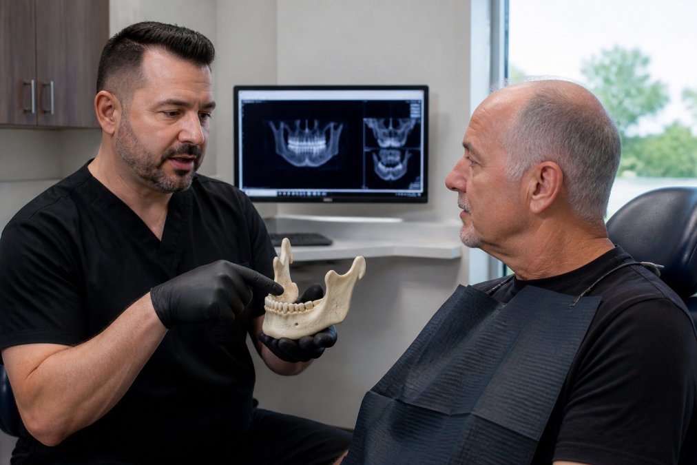 A dental professional in a modern treatment room explaining a jaw model to a seated patient, pointing to the lower jaw area, with a CBCT scan visible on a monitor in the background