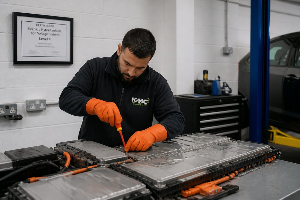 Technician wearing high-voltage gloves repairs a Tesla battery pack to prevent electrical faults in a UK workshop.
