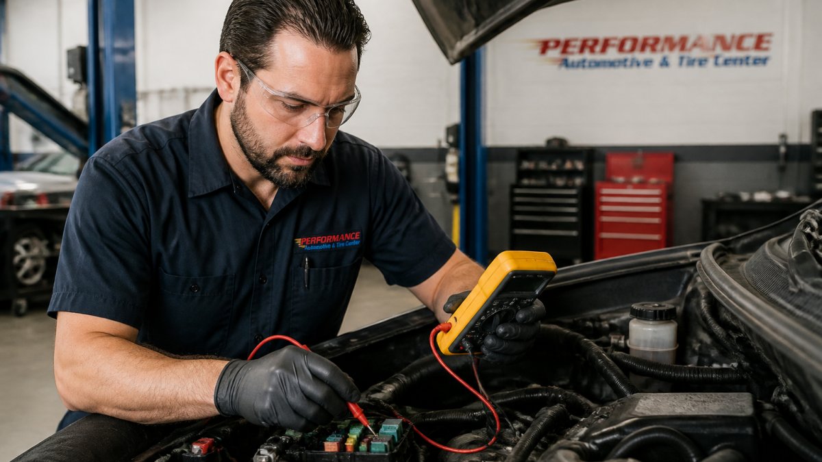 An ASE-certified technician using a digital multimeter to test a car's electrical system in a clean, well-lit independent auto repair shop