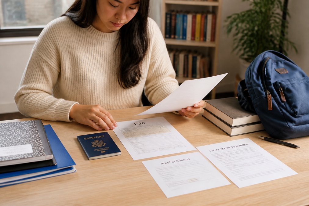 International student organizing documents on a desk including passport, I-20 form, proof of address, and Social Security Number information on paper