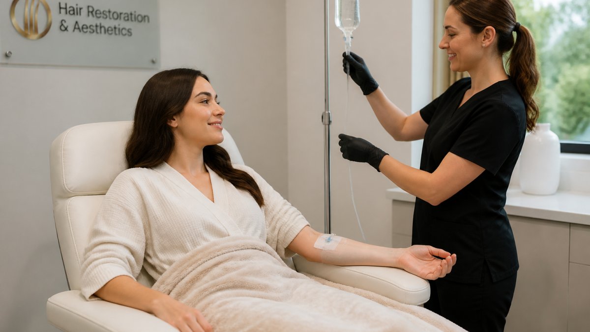 Professional administering IV hydration therapy in a clinical setting with patient seated comfortably, clear tubing visible, modern medical equipment in background with soft natural lighting