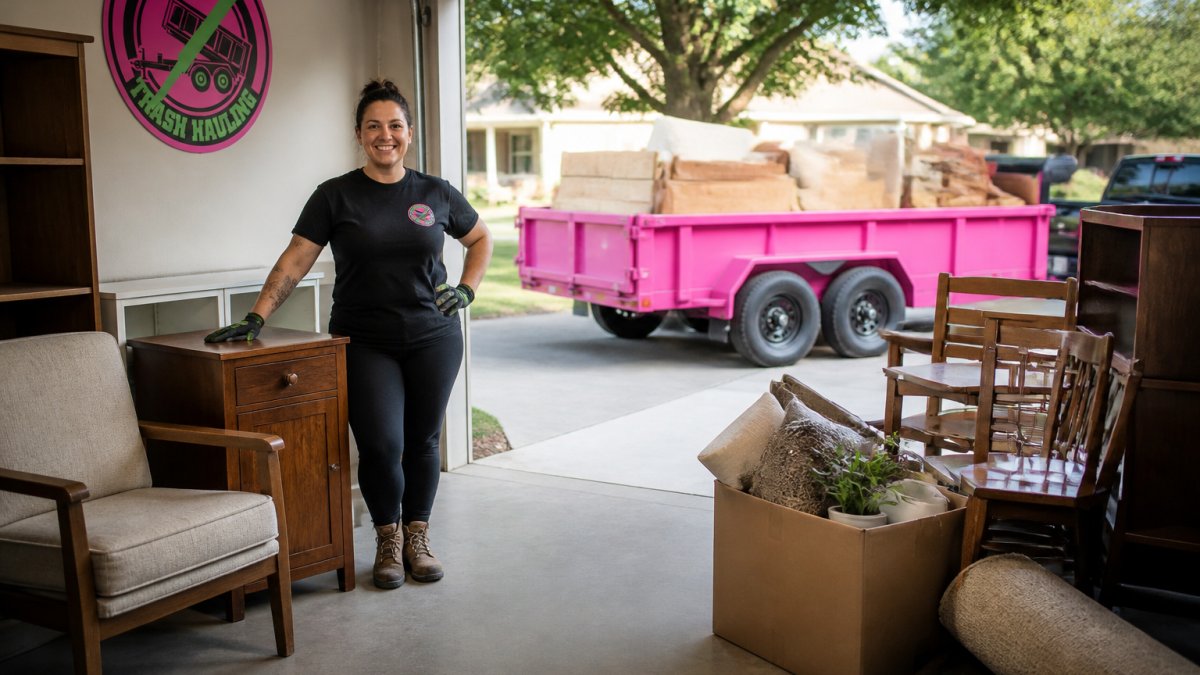 A homeowner in a garage standing beside neatly sorted piles of furniture and a marked box of items set aside for separate disposal, with a hauling truck visible in the driveway behind them